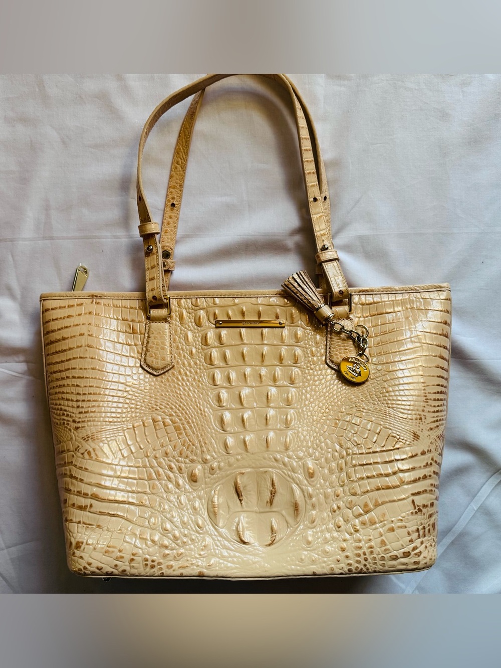 Brahmin Cream Croc-Embossed Tote Bag with Tassel Charm